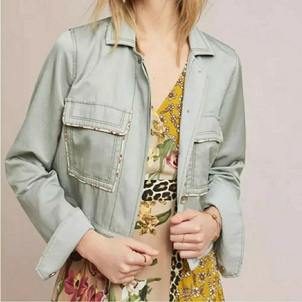 Anthropologie Linen Blend Floral Piped Trucker Jacket Mint Green NWT Small